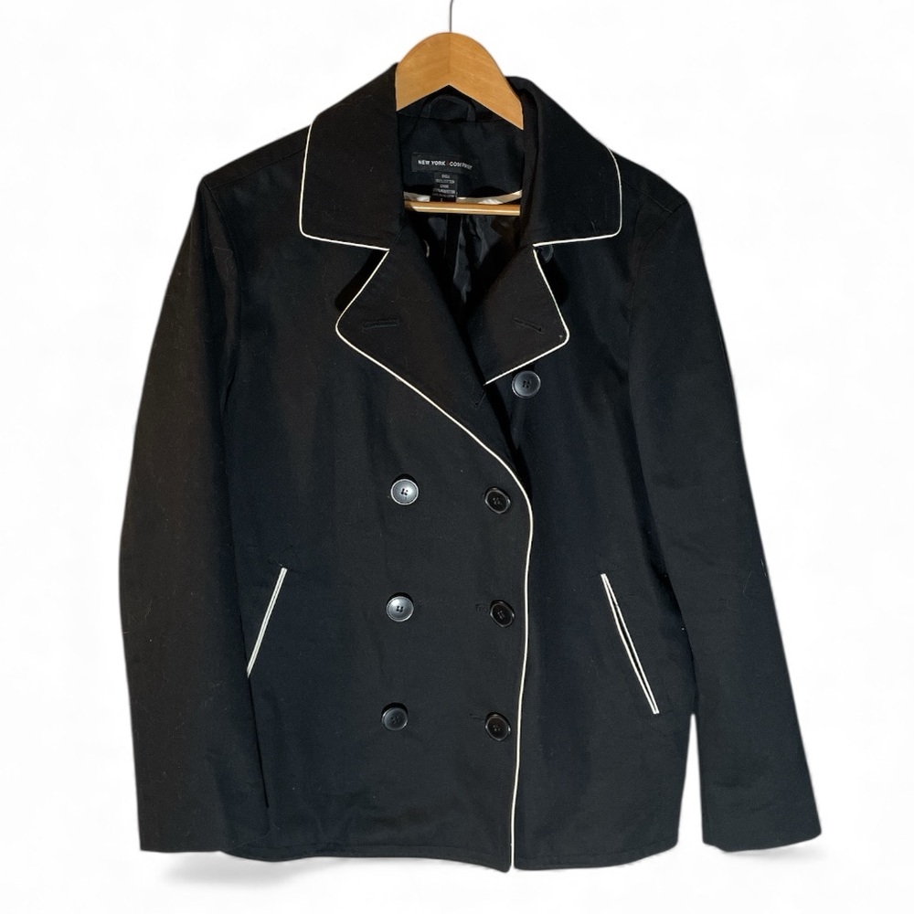 H5- New York & Company Black Dress Coat Peacoat Large with White Piping